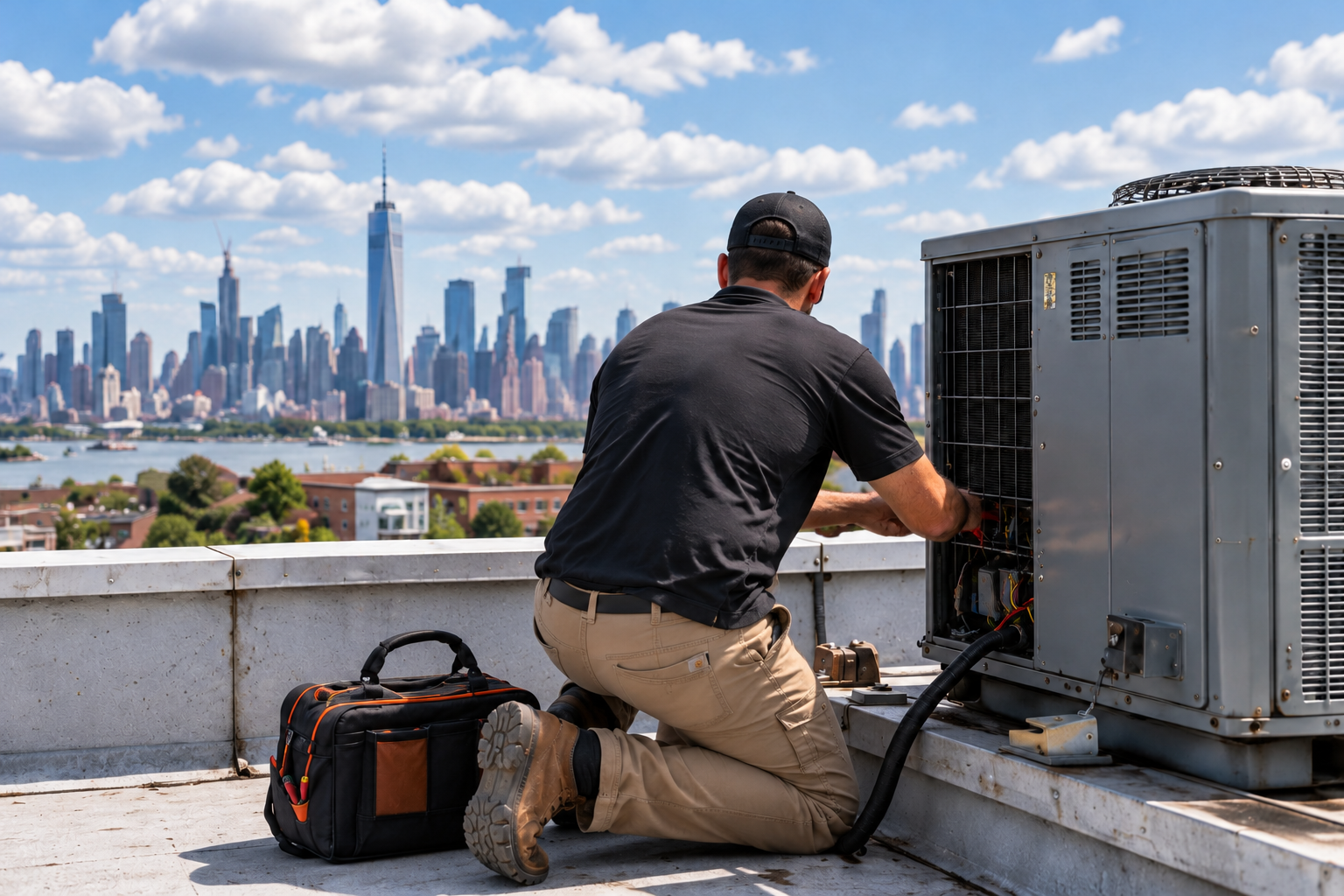 Rooftop HVAC Work Overlooking Manhattan